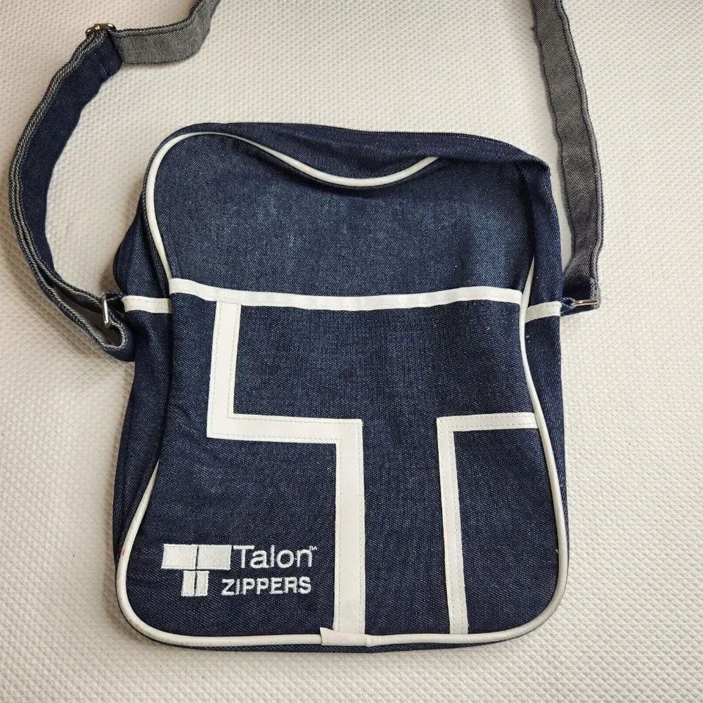 Vintage 70s Talon Zippers Denim Shoulder Bag Advertising Blue White